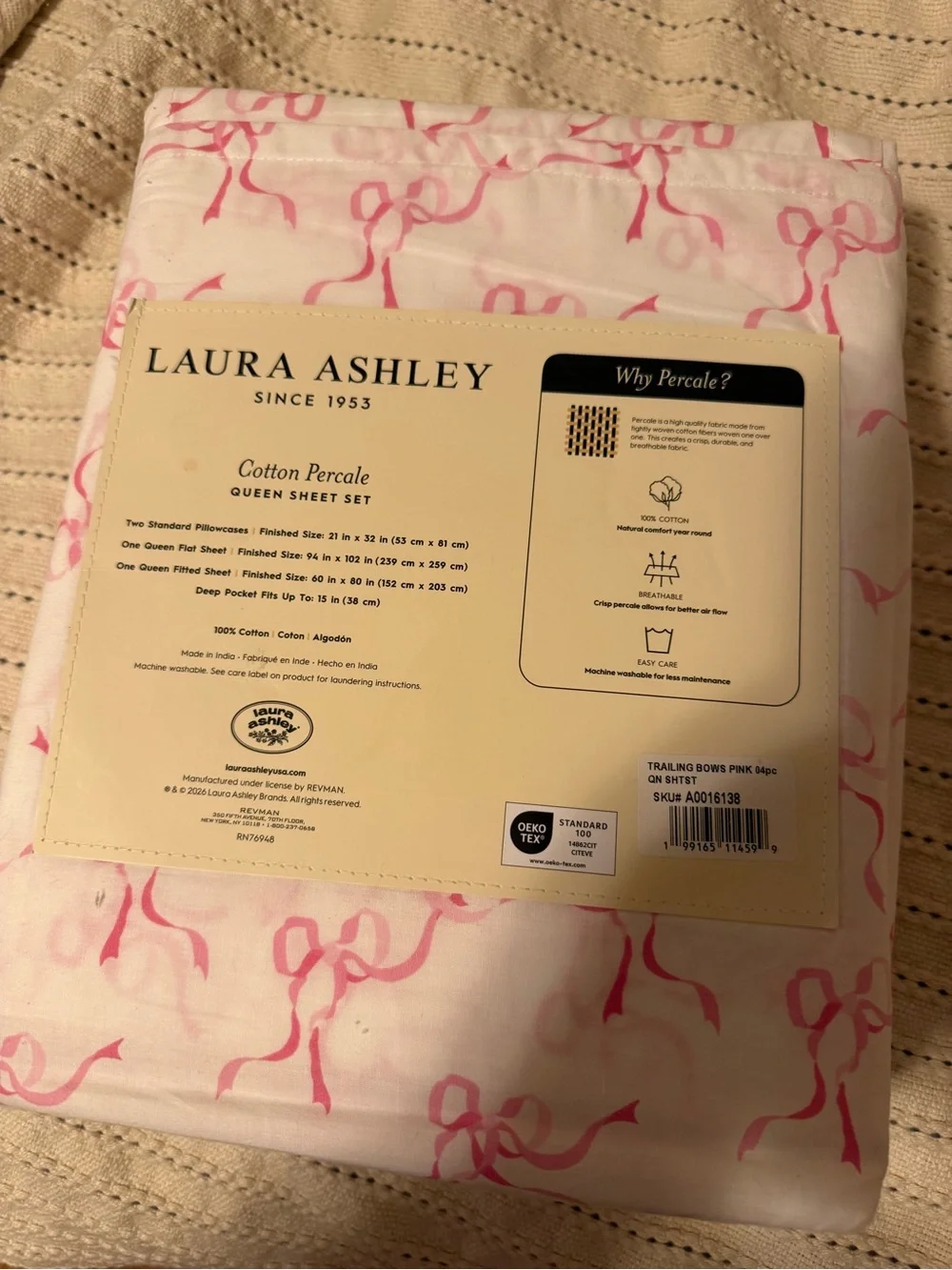 Laura Ashley Pink Bow Cotton Percale Queen Sheet Set